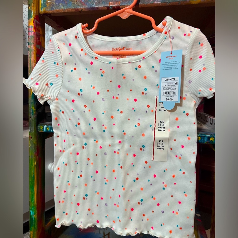 NWT Cat & Jack XS (4/5) multi colored daisy short sleeve shirt